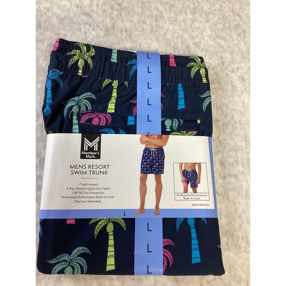 Member's Mark Mens Resort Swim Trunk Navy Palm Tree Print Size L 7 Inch Inseam